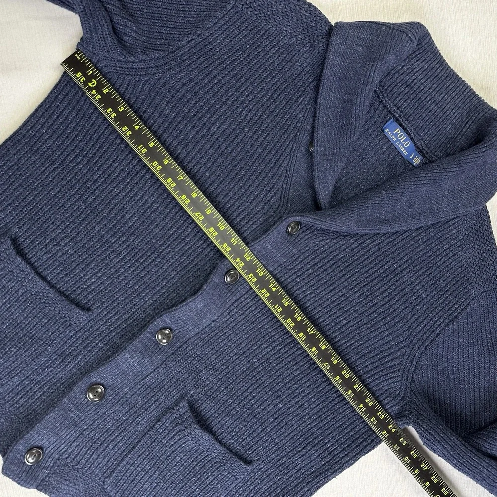 Polo Ralph Lauren Cardigan Shawl Collar Chunky Knit Sweater Men L Navy Blue